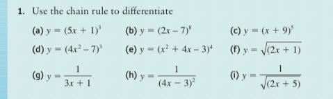 1. Use the chain rule to differentiate (a) \( y=(5 x+1)^{3} \) (b) \( y=(2 x-7)^{n} \) (c) \( y=(x+9)^{5} \) (d) \( y=\left(4