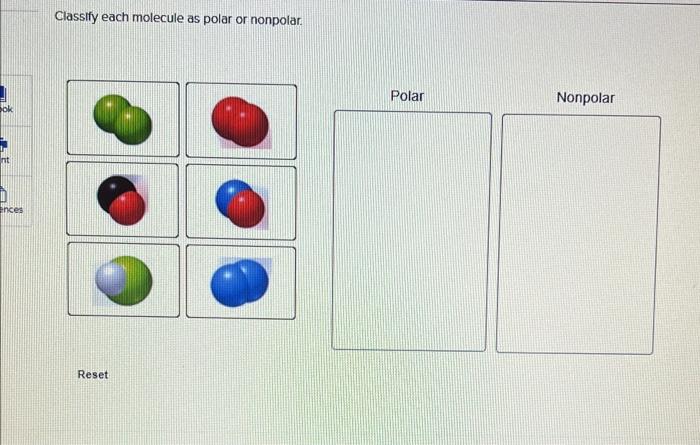 Classify each molecule as polar or nonpolar:
Reset