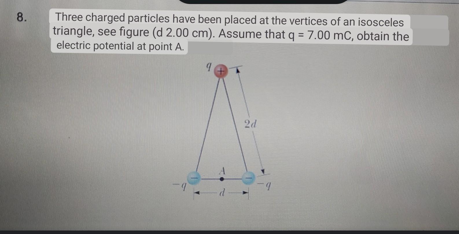 Three charged particles have been placed at the vertices of an isosceles triangle, see figure \( (\mathrm{d} 2.00 \mathrm{~cm