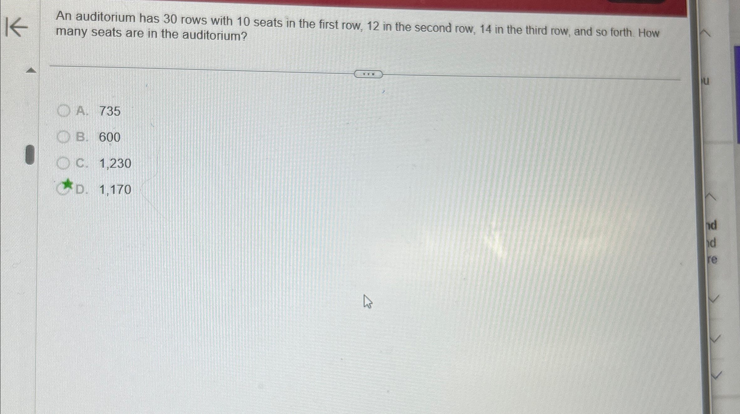 An auditorium has 30 ﻿rows with 10 ﻿seats in the | Chegg.com