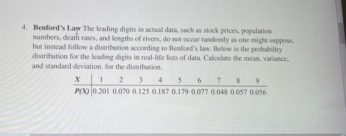 Solved 4. Benford's Las The leading digits in actual data, | Chegg.com
