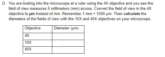 Using Ruler Under X10 Microscope Solved D. You are looking into the microscope at a ruler | Chegg.com