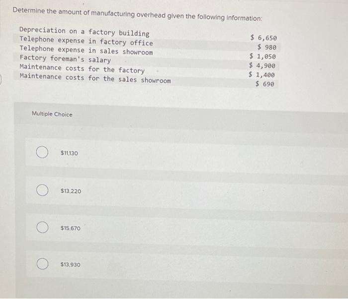 Solved Determine The Amount Of Manufacturing Overhead Given Chegg