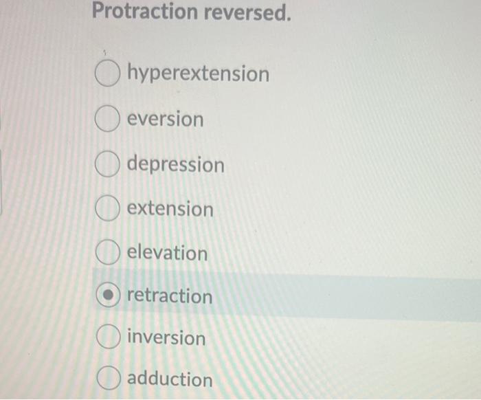 Protraction reversed.
hyperextension
eversion
depression
extension
elevation
retraction
inversion
adduction