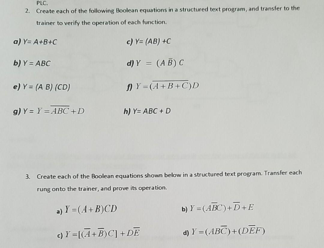 Solved PLC. 2. Create each of the following Boolean | Chegg.com