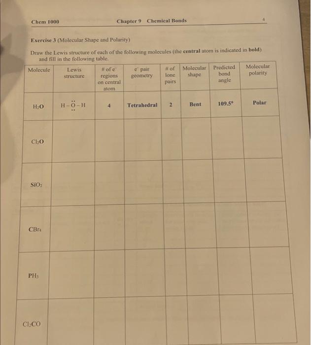 Solved Chem 1000 Exercise 3 (Molecular Shape And Polarity) | Chegg.com