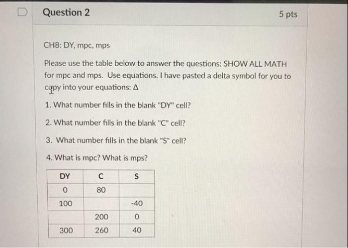 Solved Question 2 5 pts CH8: DY, mpc, mps Please use the | Chegg.com