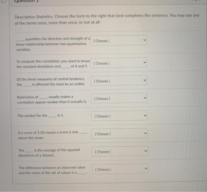 Solved Descriptive Statistics. Choose the term to the right | Chegg.com