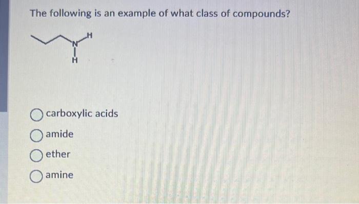 The following is an example of what class of compounds?
carboxylic acids
amide
ether
amine