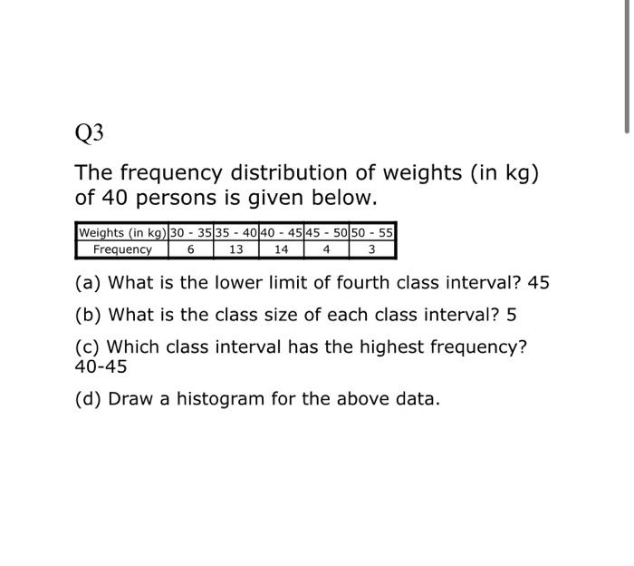 Solved Q3 The frequency distribution of weights (in kg) of