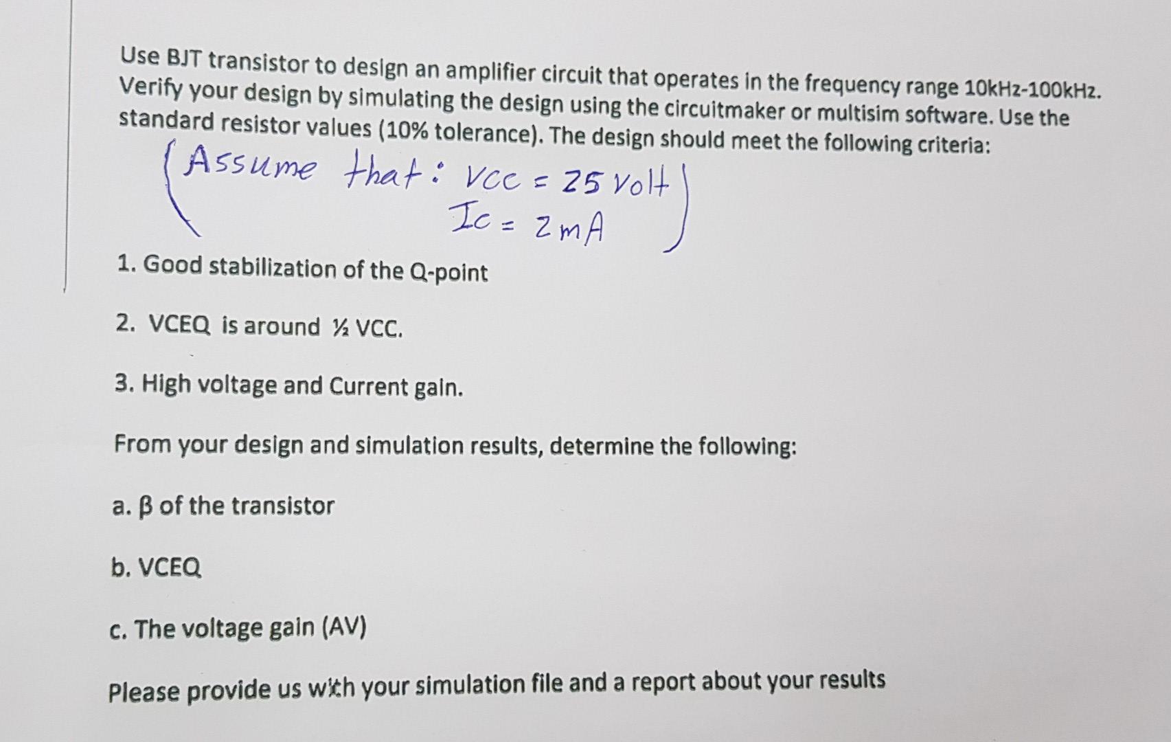 Solved Use BJT transistor to design an amplifier circuit | Chegg.com