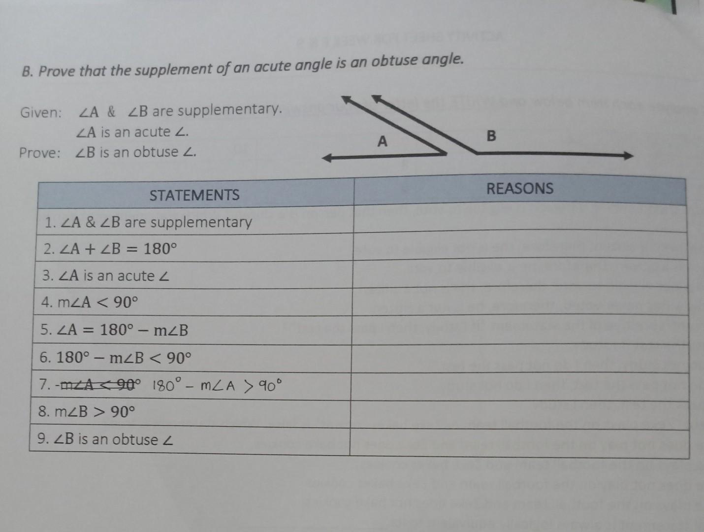 the supplement of an angle is acute true or false