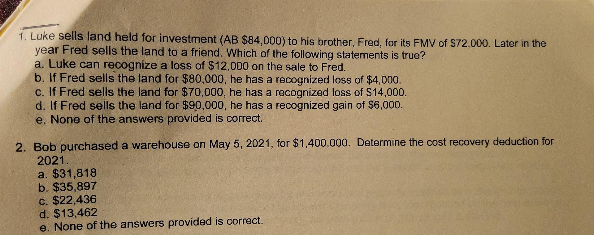 Solved 1. Luke sells land held for investment (AB 84,000)