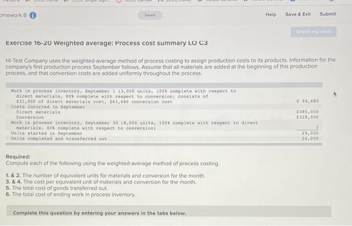 Solved mework B Saved Help Save & Exit Submit Exercise 16-20 | Chegg.com