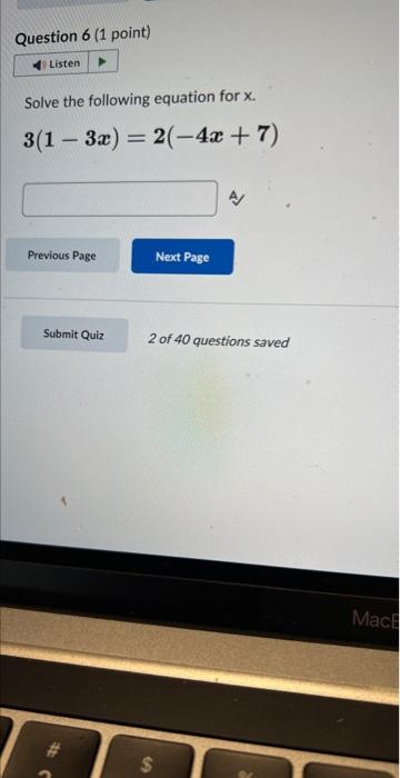 Solved Solve the following equation for x. 3(1−3x)=2(−4x+7) | Chegg.com