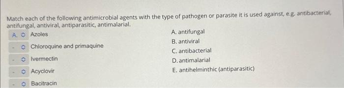 Solved Match each of the following antimicrobial agents with | Chegg.com
