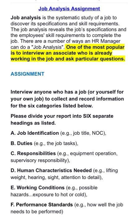 Solved Job Analysis Assignment Job analysis is the | Chegg.com
