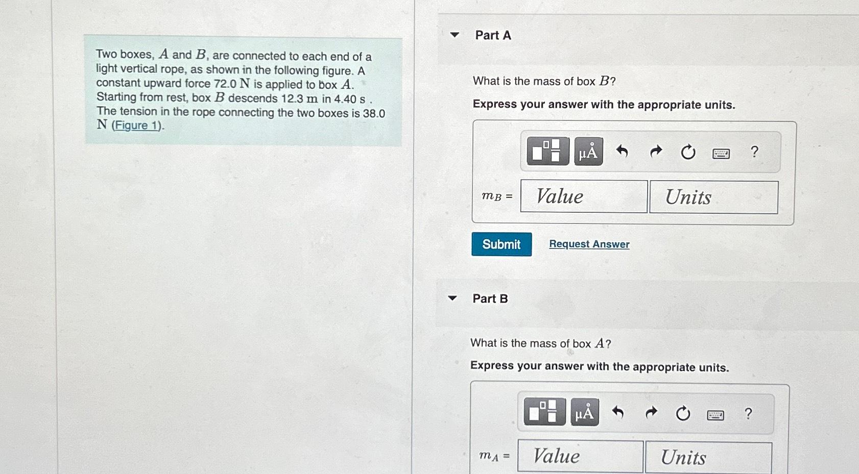 Two boxes, A and B, ﻿are connected to each end of a