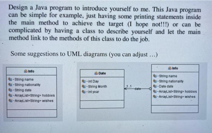 Solved Design a Java program to introduce yourself to me. | Chegg.com