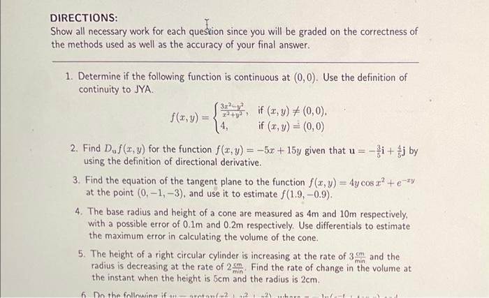 Solved DIRECTIONS: Show all necessary work for each question | Chegg.com