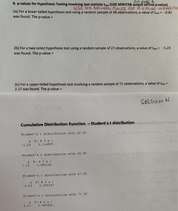 Solved B. P-values For Hypothesis Testing Involving Test | Chegg.com