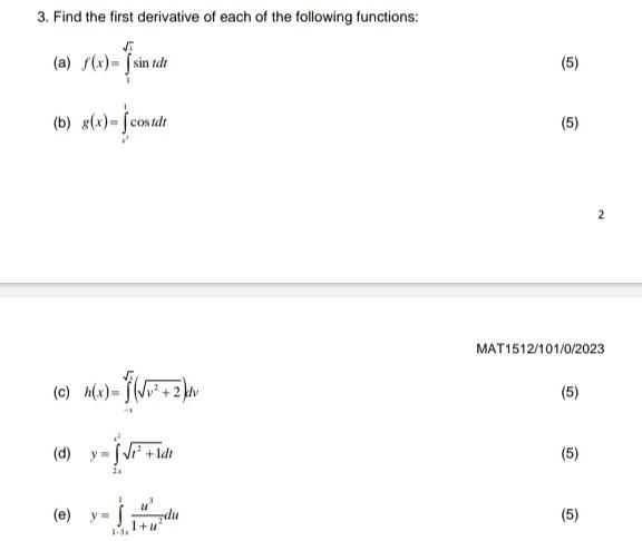 Solved 3. Find The First Derivative Of Each Of The Following | Chegg.com