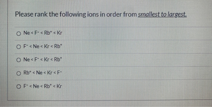 Solved Please rank the following ions in order from smallest | Chegg.com