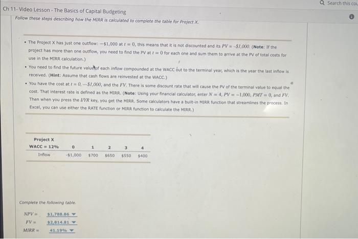 Solved 11-Video Lesson - The Basics Of Capital Budgeting | Chegg.com