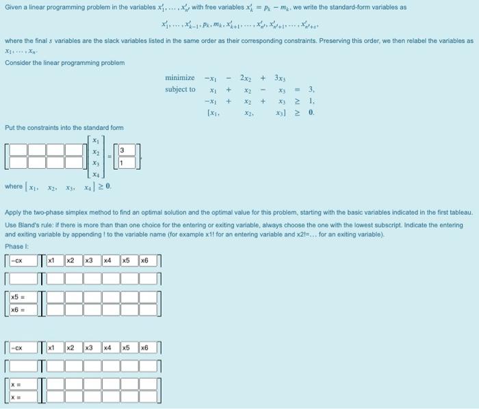 Solved Given a linear programming problem in the variables | Chegg.com