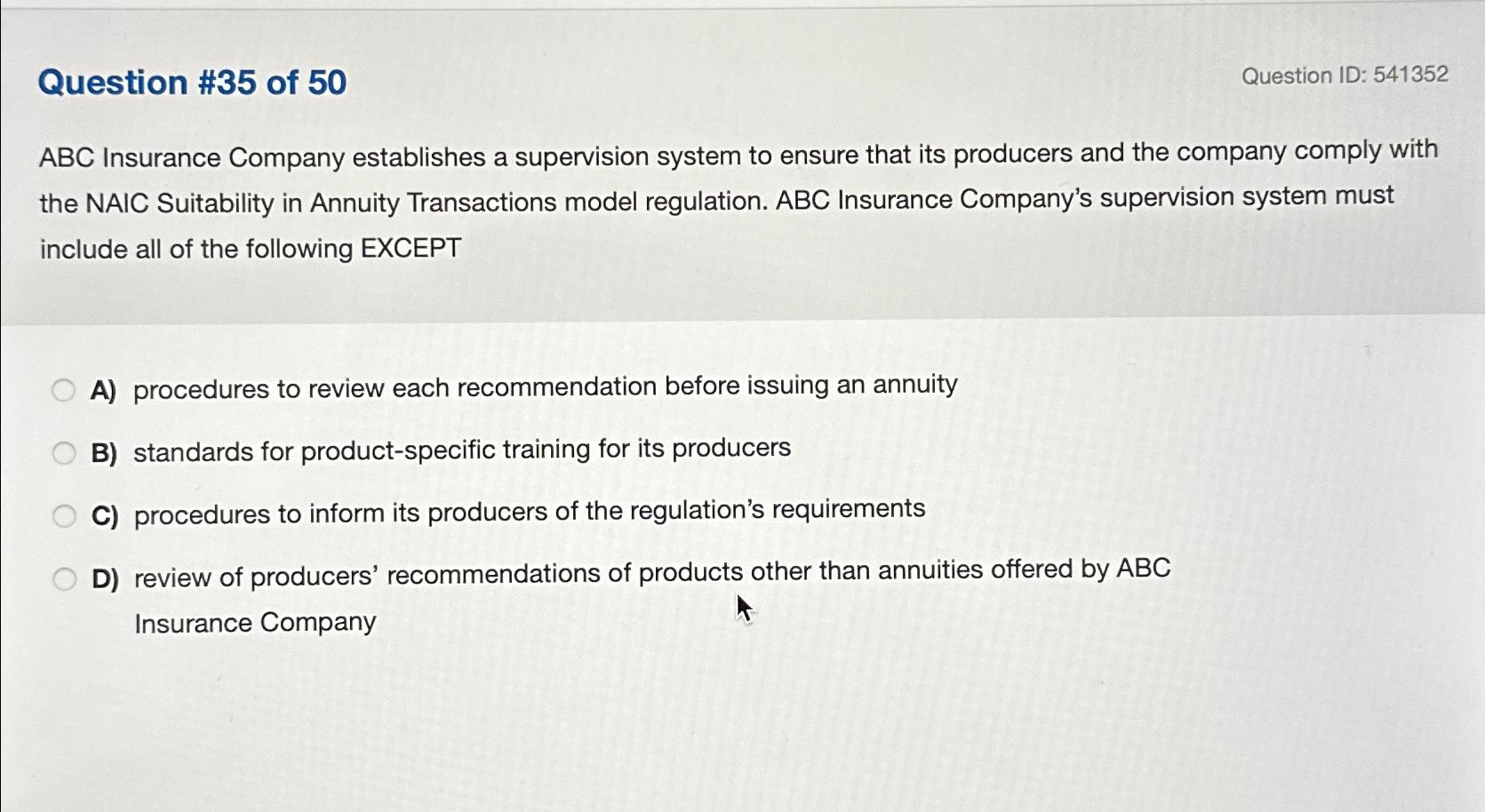Solved Question #35 ﻿of 50Question ID: 541352ABC Insurance | Chegg.com