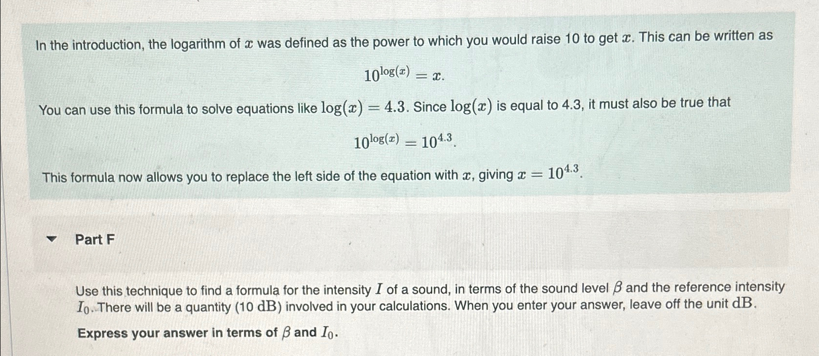 Solved In the introduction, the logarithm of x ﻿was defined | Chegg.com