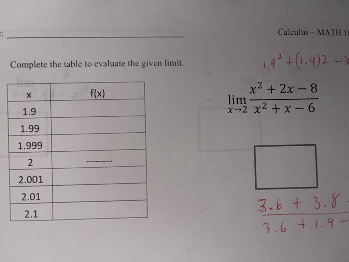 Solved Calculus - MATH 18 1.9²+(1.92 + Complete the table to | Chegg.com