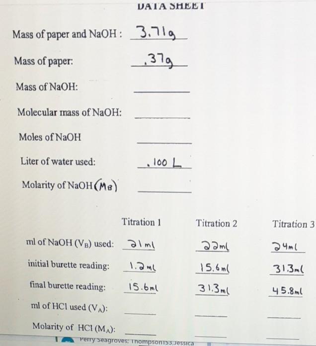 Solved DATA SHEET Mass of paper and NaOH: 3.71g Mass of | Chegg.com