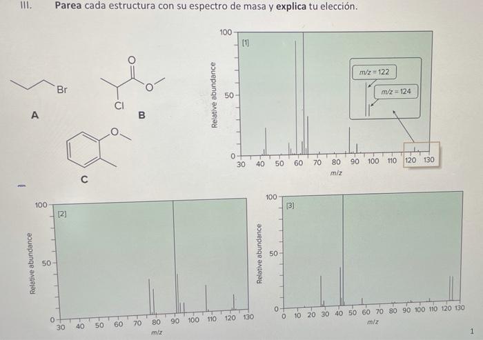 III. Parea cada estructura con su espectro de masa y explica tu elección. 100 [0 m/z=122 Br O Relative abundance 50 m/2=124 C