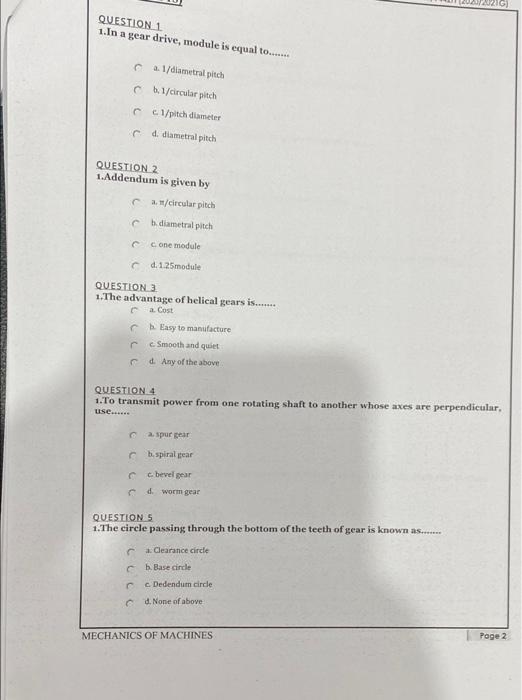 Solved QUESTION 1 1. In a gear drive, module is equal | Chegg.com