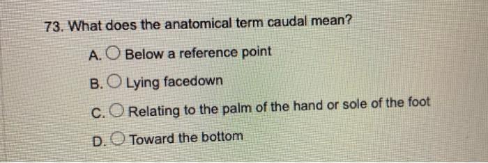 Solved 73. What does the anatomical term caudal mean? A. | Chegg.com