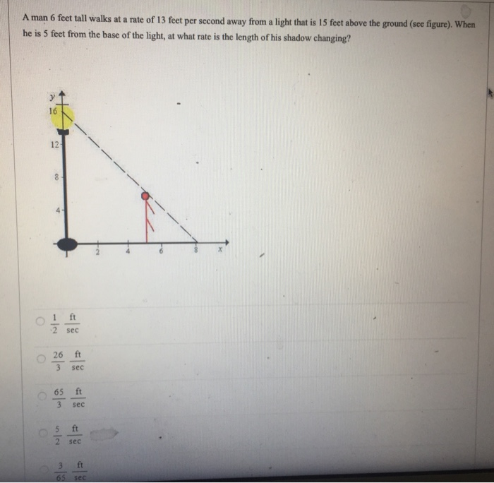 A man 6 feet tall walks at a rate of 5 feet per second away from a light  that is 15 feet above the ground. (a) When he is 10 feet from