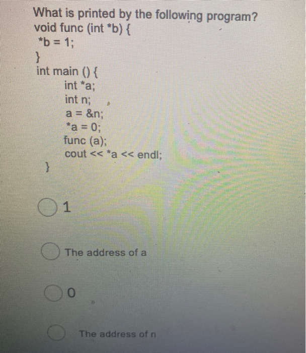 Solved What is printed by the following program? void func | Chegg.com