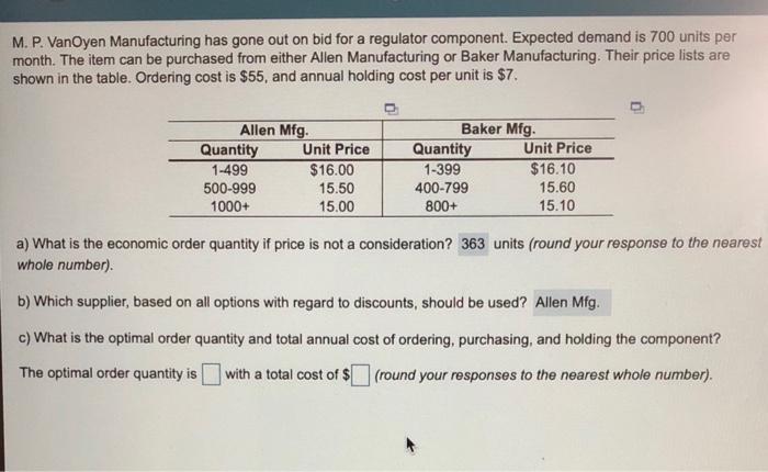 Solved C. The optimal order quantity is __ with a total cost | Chegg.com