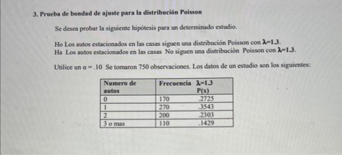 3. Prueba de bondad de ajuste para la distribución Poisson Se desea probar la siguiente hipótesis para un determinado estudio