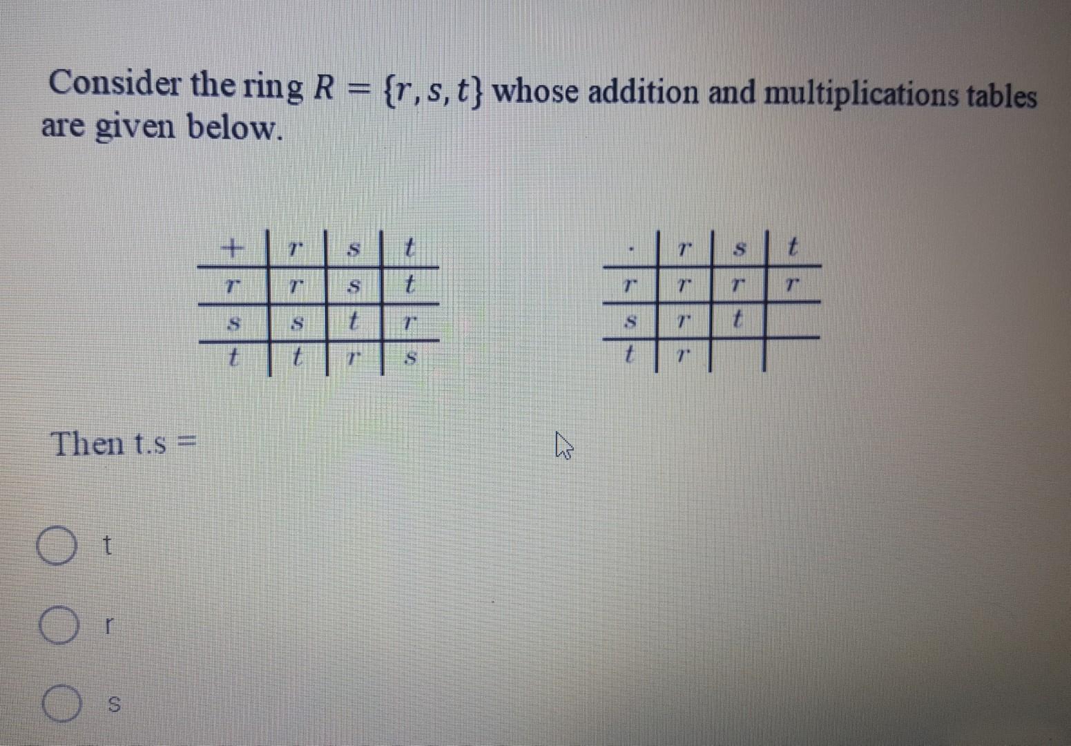 Solved Consider the ring R = {r, s, t} whose addition and | Chegg.com