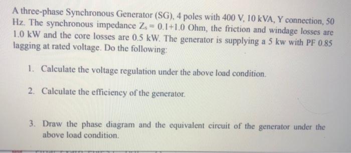 Solved A three-phase Synchronous Generator (SG), 4 poles | Chegg.com