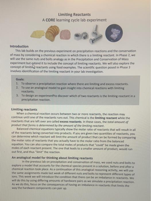 Solved Limiting Reactants A CORE learning cycle lab