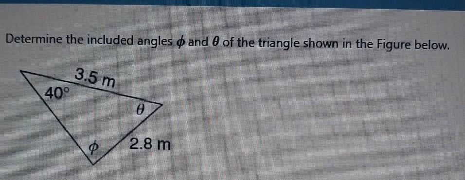 Determine the included angles \( \phi \) and \( \theta \) of the triangle shown in the Figure below.