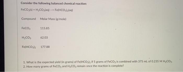 Solved Consider The Following Balanced Chemical Reaction Chegg Com