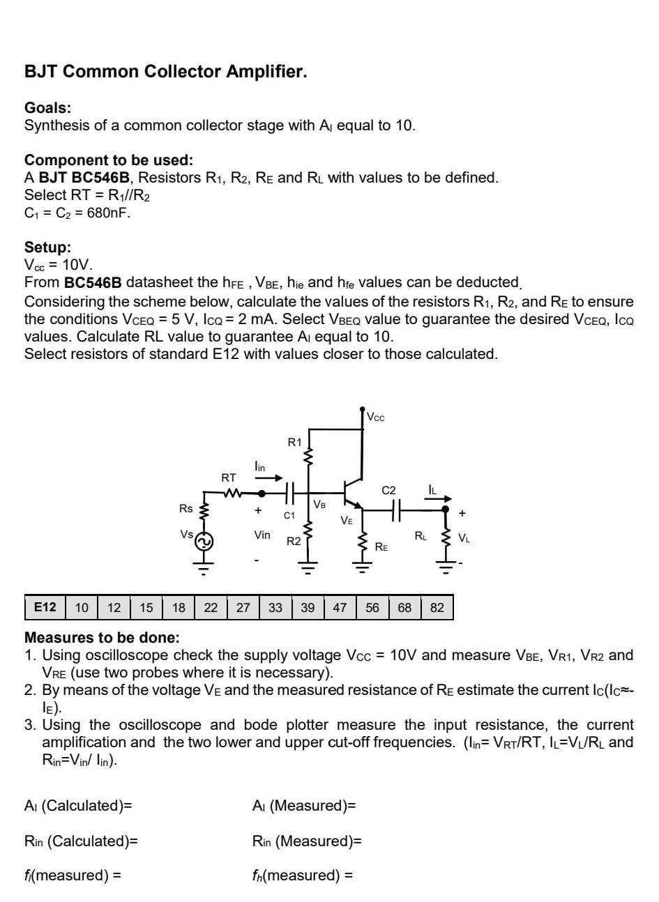 BJT Common Collector Amplifier. Goals: Synthesis Of A | Chegg.com