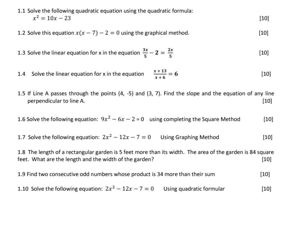 Solved 1.1 Solve the following quadratic equation using the | Chegg.com