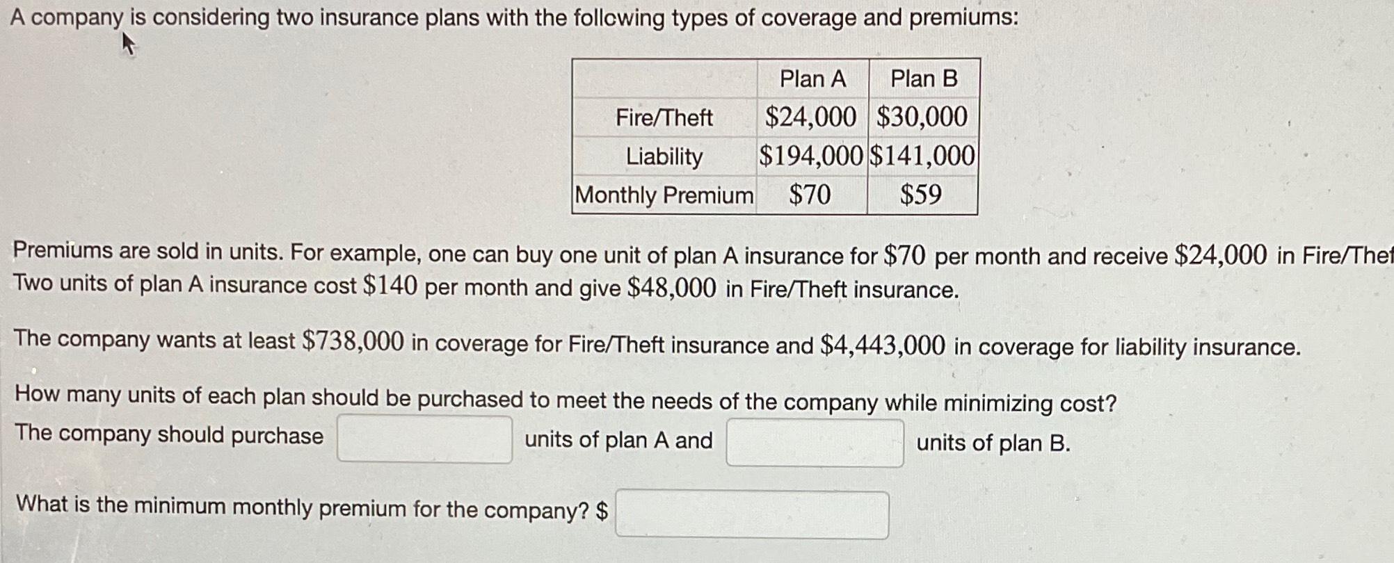 Solved A company is considering two insurance plans with the | Chegg.com