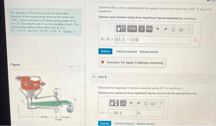 Determine the \( x \) and \( y \) components of the reaction force on the rocker arm \( A B C \) at the pin for equilibrium.
