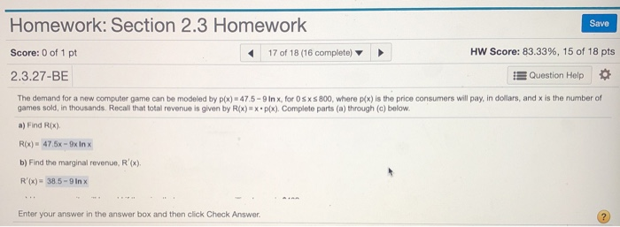 Solved Homework: Section 2.3 Homework Save Score: 0 of 1 pt | Chegg.com